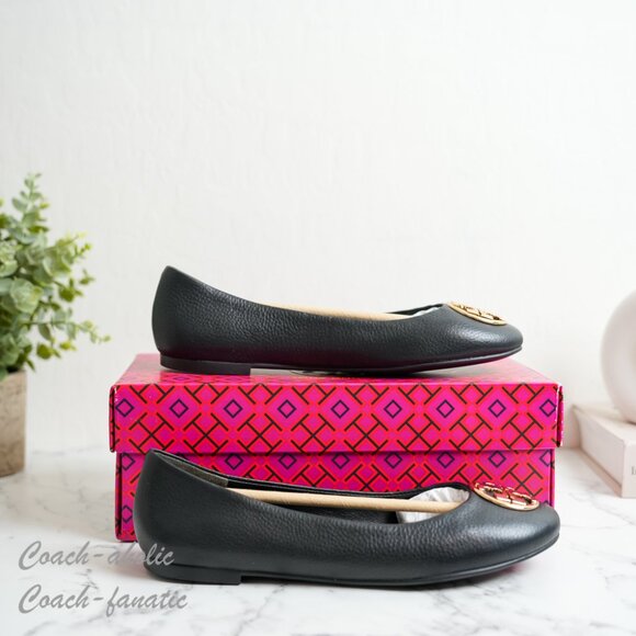 NIB Tory Burch Signature Logo Classic Chelsea Ballet Flat in Black/Gold - Picture 2 of 9